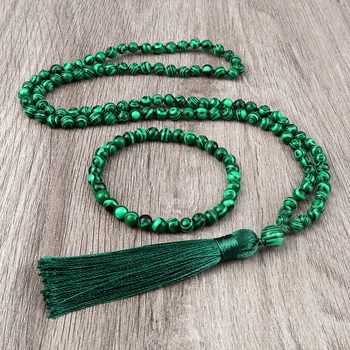 Мода Зелен Малахит 108 Малък Колие От Перли За Жени Навързани Четка 6 мм Камък Стреч Гривни За Мъже Йога Молитва Бижута Комплект