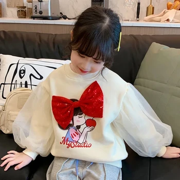 Пуловер за момичета, тениска от памук с герои от анимационни филми, детски пролет-есен нова мрежест топ с пищни ръкави, връхни дрехи за малките момичета, детски hoody