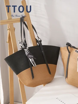 Модни Тъкани Плажни Сламени Чанти 2022, Луксозни Маркови Дизайнерски Дамски Чанти За Пазаруване, Артистична Лятна Чанта-Тоут На Рамото