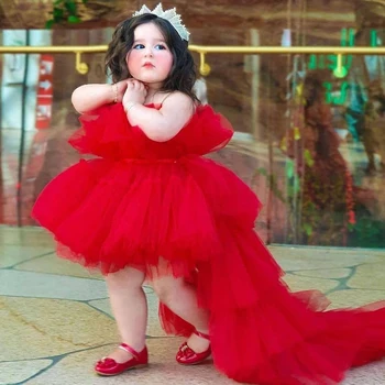 Червеното Дантелено Принцеса Рокля с Лък и влак За Малки Момичета, Елегантна Вечерна Сватба Бална Рокля за рождения Ден На от 2 до 8 години, Рокли за Шаферките, Детски Дрехи