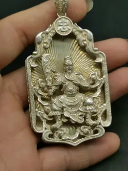 Най-старите китайски Тибет сребърен ръчно изработени Гуан Ю У бога на Богатството амулет Висулка