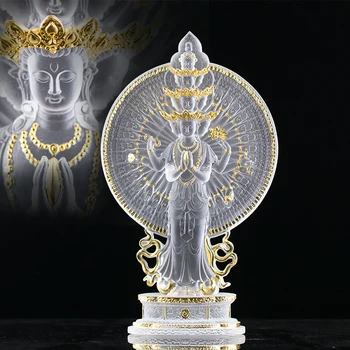 Висококачествена хиляда ръце Бодхисатва, Цветен Глазурованная Позлатена Статуя на Буда Гуаньинь, Скулптура, Кристалното Бижу За Защита на Дома