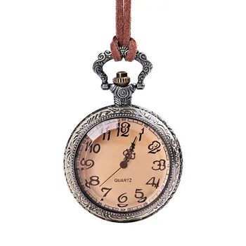 Ретро тенденция на джобен часовник с отворен капак от кафяво стъкло с колан, мъжки и женски аксесоари
