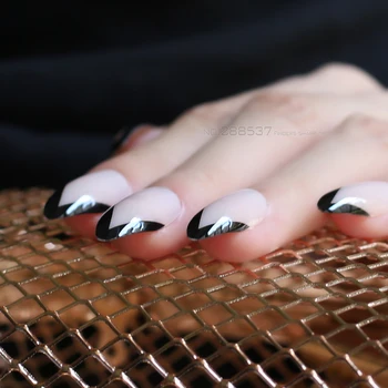Голи френски V-Образни Черен контур нокти Розов Шило фалшиви нокти 24 бр. въздушни ноктите бяла точка Естествено е Пълен комплект със Стикери