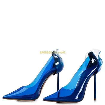 Най-новите Обувки-лодка от прозрачна PVC; Колекция 2020 г.; пролетни дамски сини модела обувки с метален ток с остър пръсти; Модни дамски обувки, без закопчалка