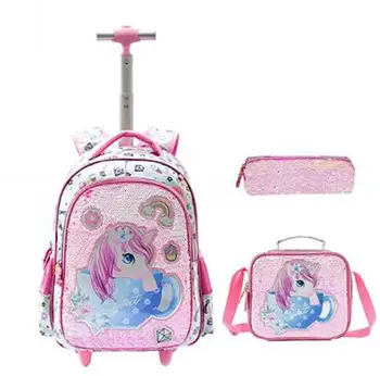 Училищната чанта на колела с пайети, раница за количка, чанта за обяд, набор от училищни чанти с колела, студентски училищна количка, раница, Чанта за момичета