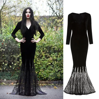 Жена възрастен готик Хелоуин мортисия адамс призрак костюм вещица черно дантелено рокля в пода халат пурим карнавал