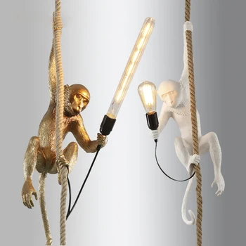 Модерна Маймуна Окачен Лампа Реколта Смола Злато Черен, Бял Цвят Животни Hanglamp Хол Бар Кафене Украса E27 Осветителни Тела