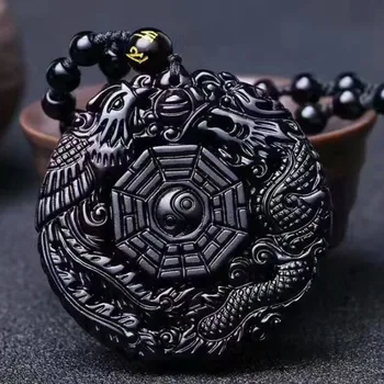 Естествен Черен Камък Обсидиан Ръчно изработени Китайски Дракон 