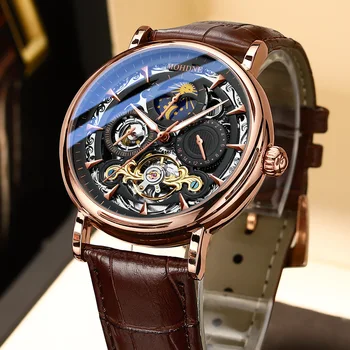 Выдалбливают Мода тенденция на мъжки часовници, Автоматични часовници лунна фаза механичен часовник водоустойчив светещи Бизнес мъжки Ръчен Часовник