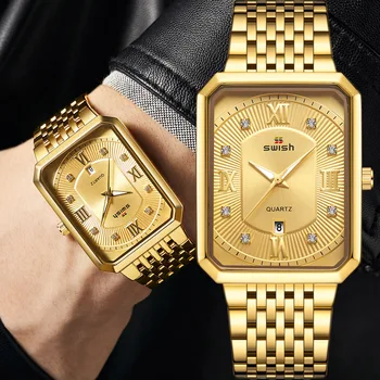 Луксозни Златни Часовници За Мъже На Най-Добрите Марка Дизайнер Кварцов Ръчен Часовник Творчески Правоъгълни Диамантени Часовници Водоустойчиви Relogio Masculino