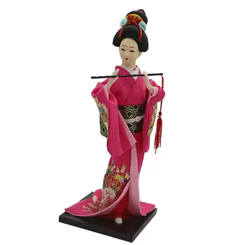 12-Инчов Старата японска Статуетка Дама Кукла Гейша в Розово-Червено Кимоно с Фен